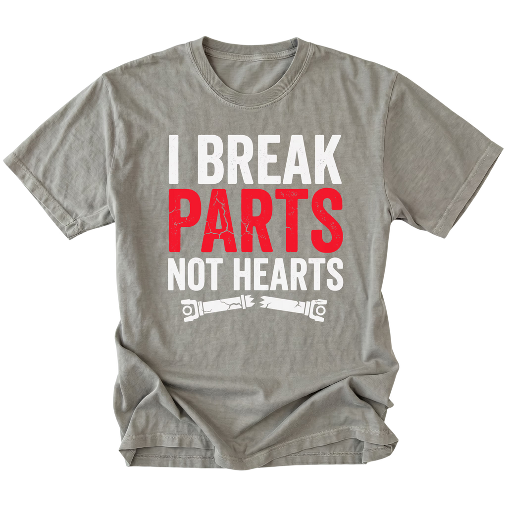 Grey T-Shirt featuring the I Break Parts Not Hearts design on the front view by Trail Snark.
