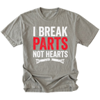 Grey T-Shirt featuring the I Break Parts Not Hearts design on the front view by Trail Snark.