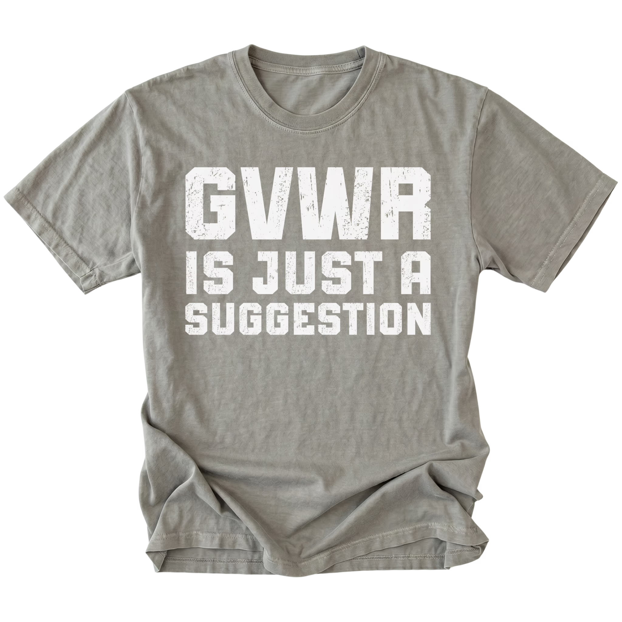 Grey t-shirt featuring distressed white text reading GVWR Is Just a Suggestion shown on the front by Trail Snark.