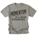 A light steel gray crewneck t-shirt with a dark gray graphic print that reads 'MOMENTUM IS A VALID STRATEGY' on a plain white background.