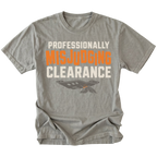 Grey T-shirt featuring the Misjudged Clearance design on the front by Trail Snark.