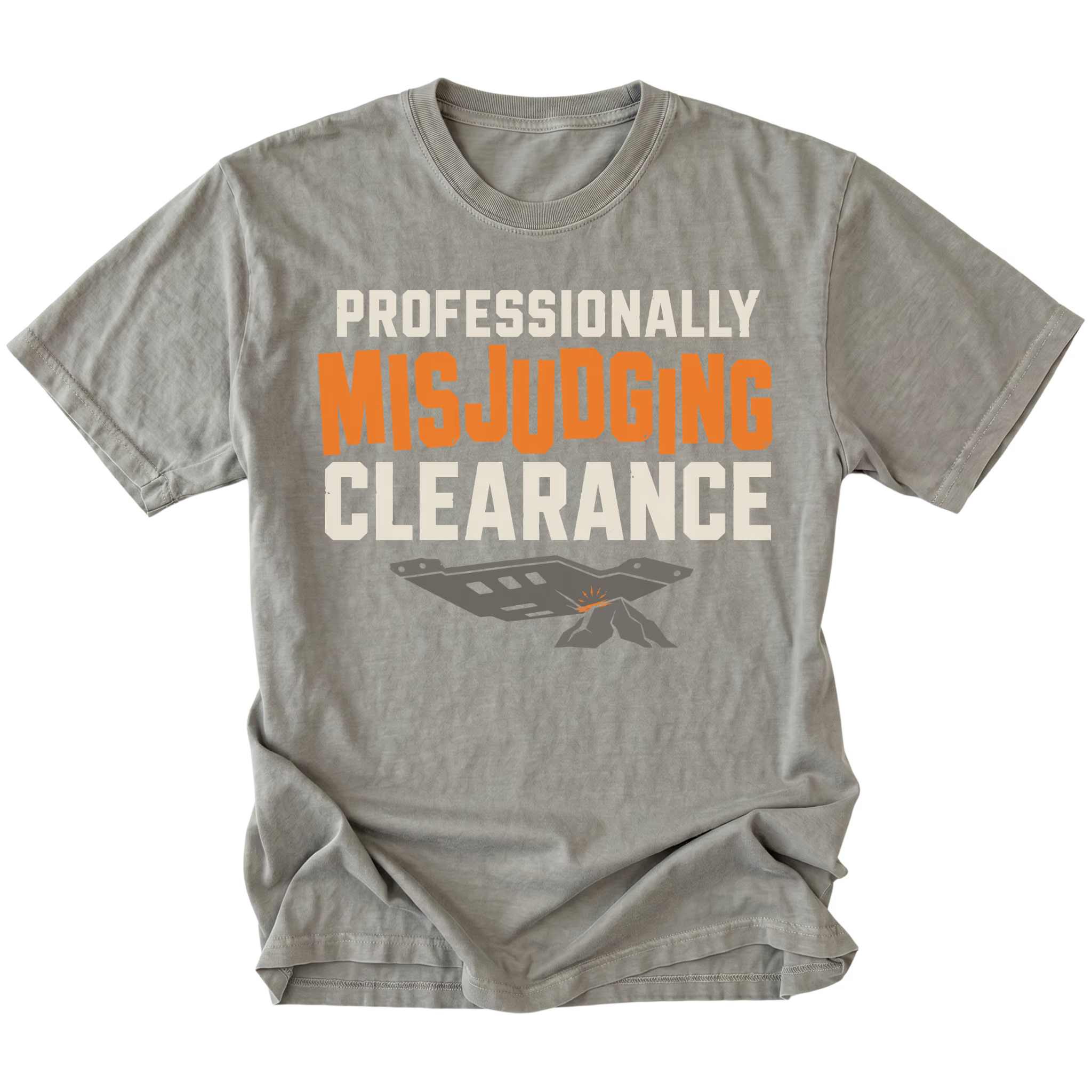Grey T-shirt featuring the Misjudged Clearance design on the front by Trail Snark.
