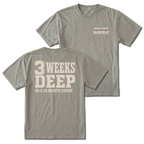 Grey T-shirt with 3 Weeks Deep On A 30 Minute Repair back design and Minor Repair Major Delay front chest print by Trail Snark.