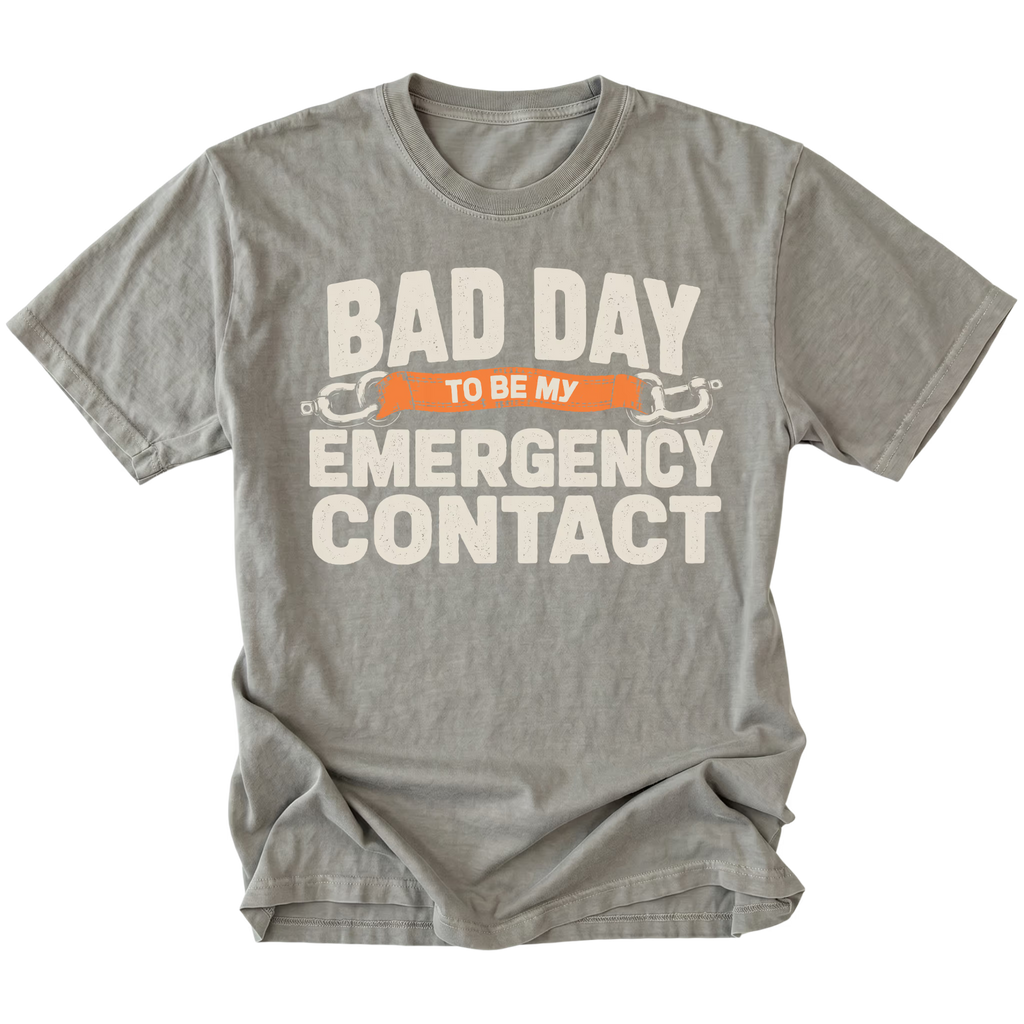 Grey t-shirt featuring the Emergency Contact design on the front by Trail Snark.