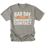 Grey t-shirt featuring the Emergency Contact design on the front by Trail Snark.