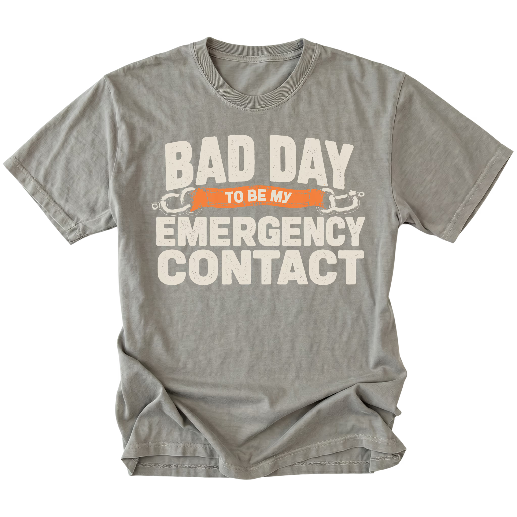 Grey t-shirt featuring the Emergency Contact design on the front by Trail Snark.