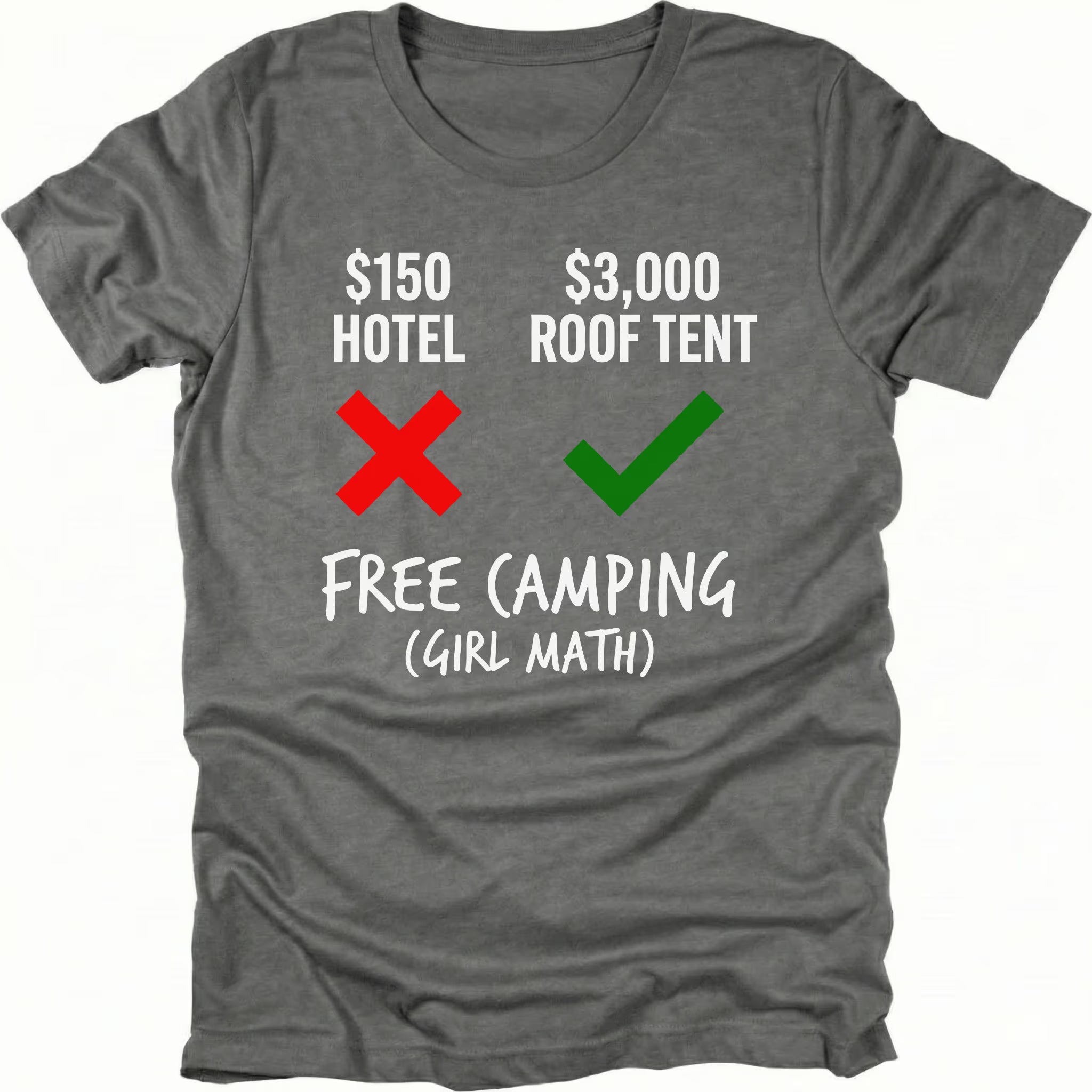 Grey t-shirt showing hotel versus roof tent price comparison graphic with free camping girl math text on the front.