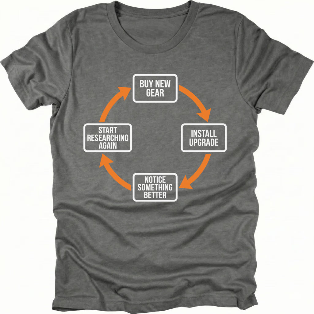 Grey T-Shirt with upgrade cycle diagram showing buy new gear, install upgrade, notice something better, and start researching again front view by Trail Snark.