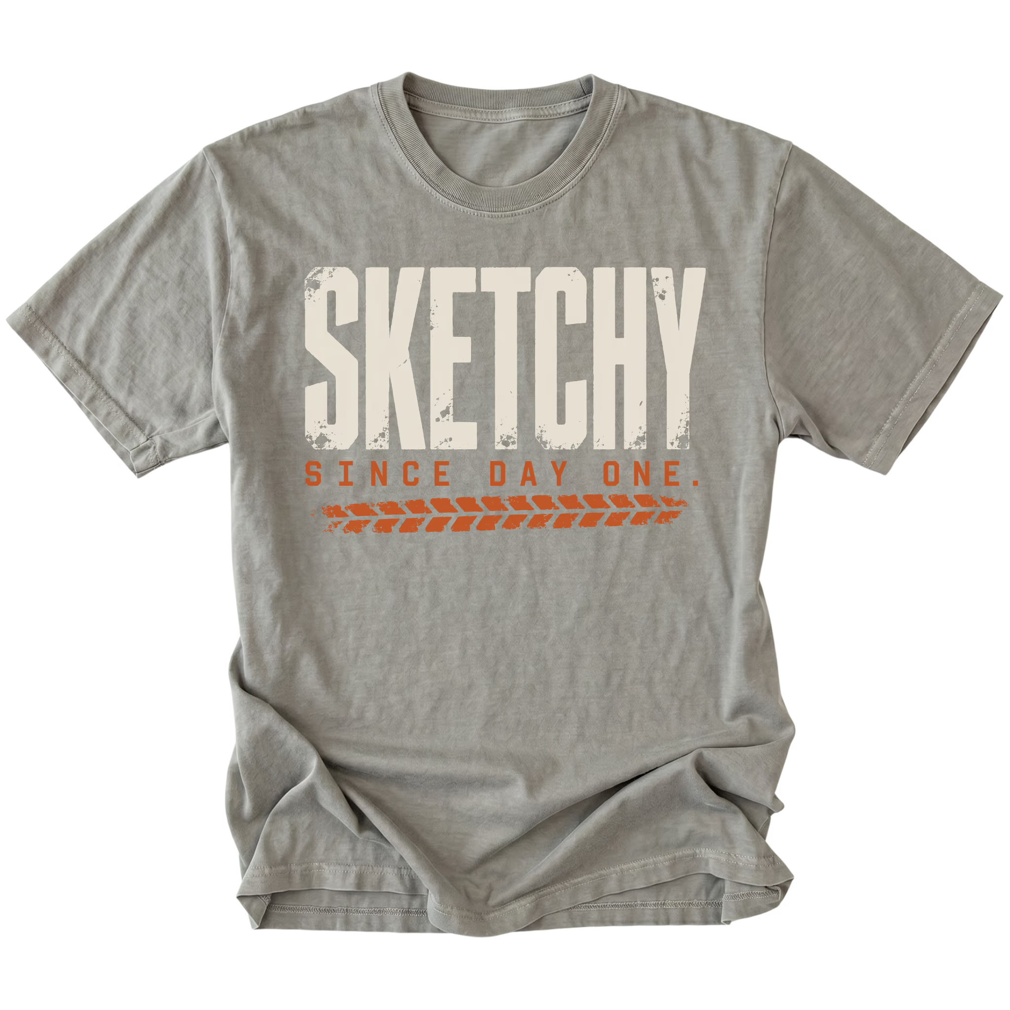 Grey T-shirt featuring the Sketchy Since Day One design on the front by Trail Snark.