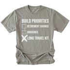 Grey T-Shirt featuring Build Priorities checklist highlighting long travel kit on front view by Trail Snark.