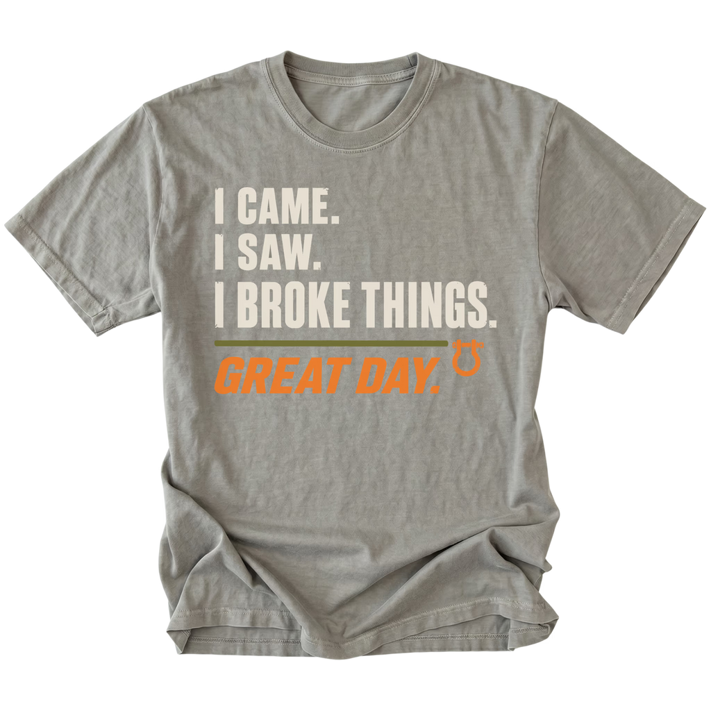 Grey T-shirt featuring the Broke Things design on the front by Trail Snark.
