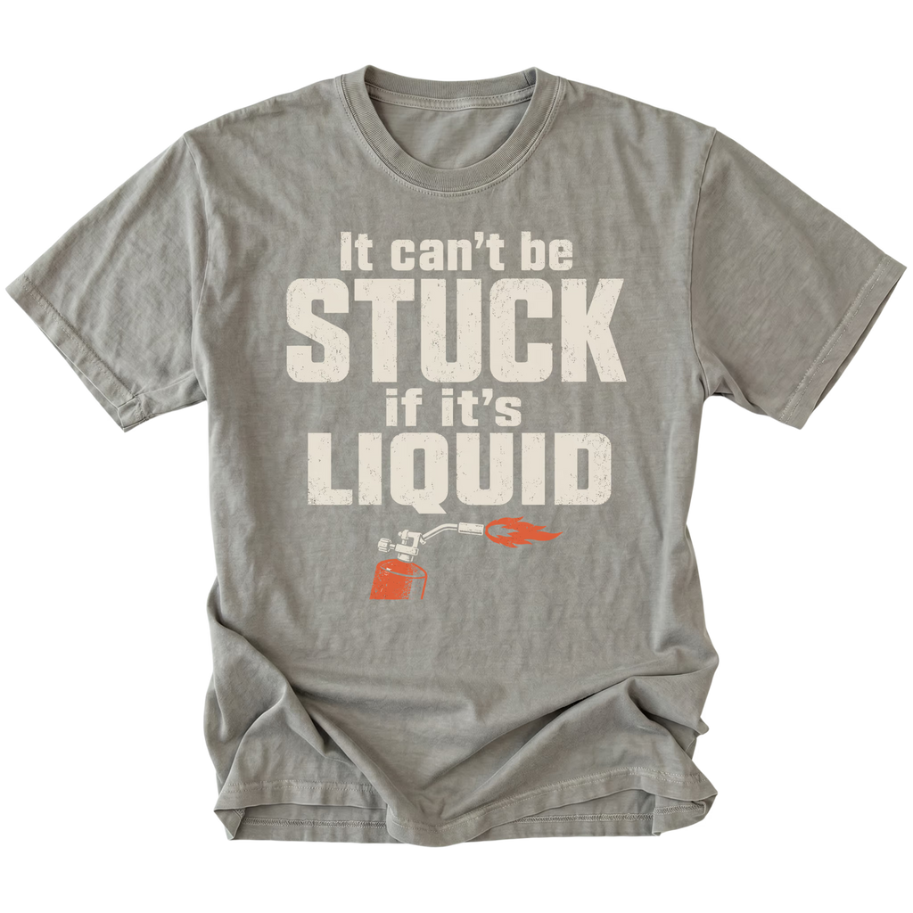 Grey t-shirt featuring the Liquid Stuck design on the front by Trail Snark.