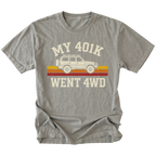 Grey T-Shirt featuring My 401K Went 4WD design with off-road SUV graphic on front view by Trail Snark.