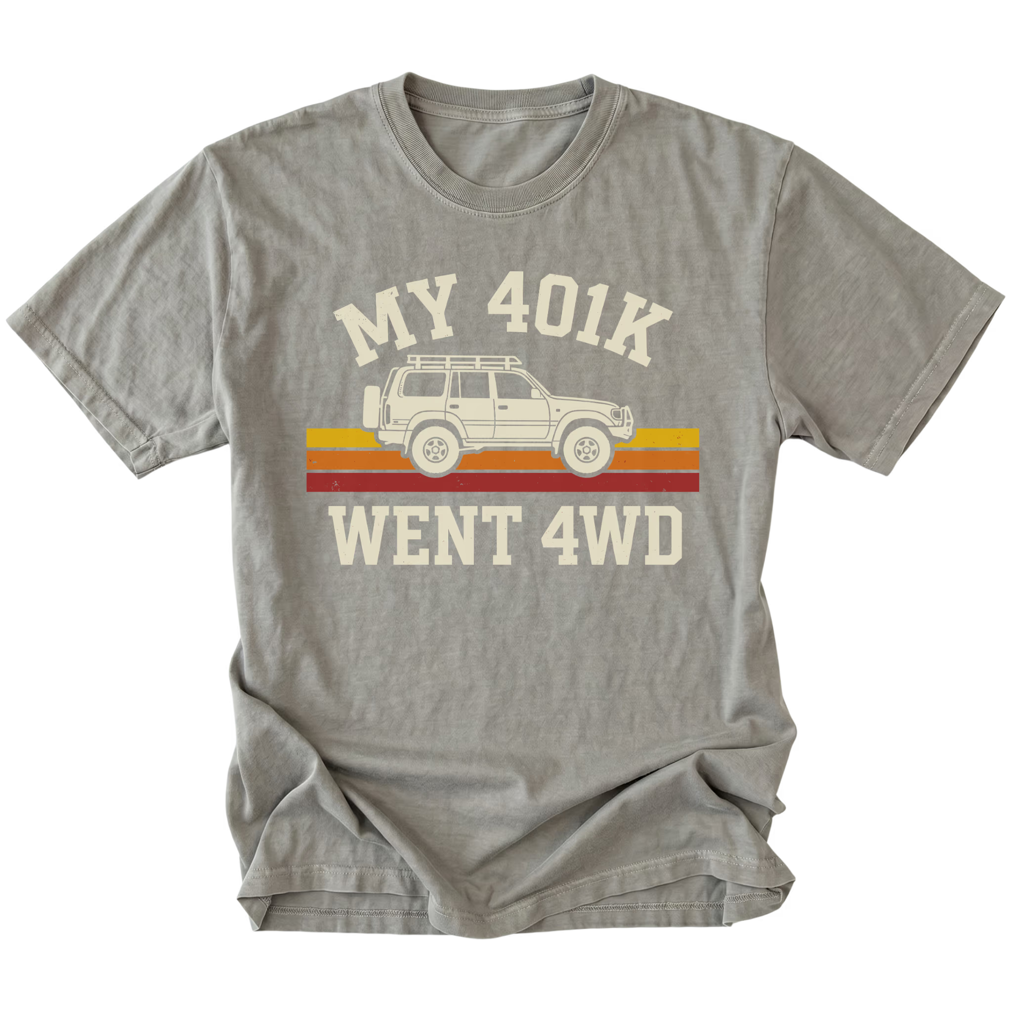 Grey T-Shirt featuring My 401K Went 4WD design with off-road SUV graphic on front view by Trail Snark.