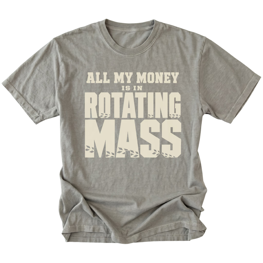 Grey T-Shirt featuring the All My Money Is in Rotating Mass design with distressed lettering on the front view by Trail Snark.