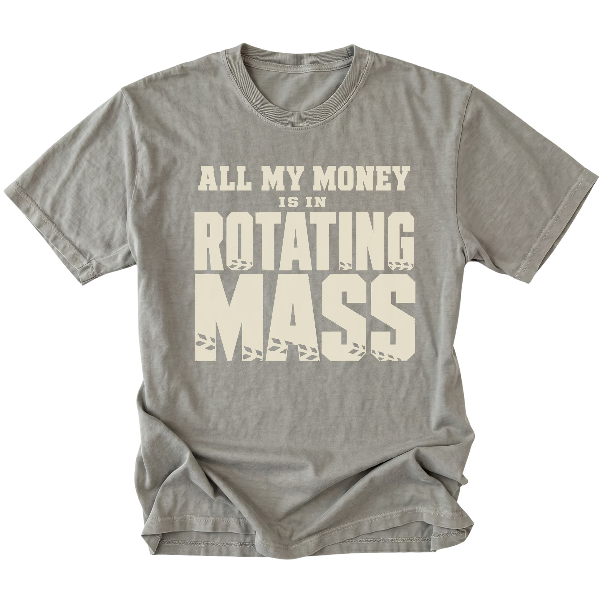 Grey T-Shirt featuring the All My Money Is in Rotating Mass design with distressed lettering on the front view by Trail Snark.