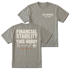 Grey T-shirt with No Savings Just Parts front print and Financial Stability Isn’t Part of This Hobby back design shown front and back by Trail Snark.