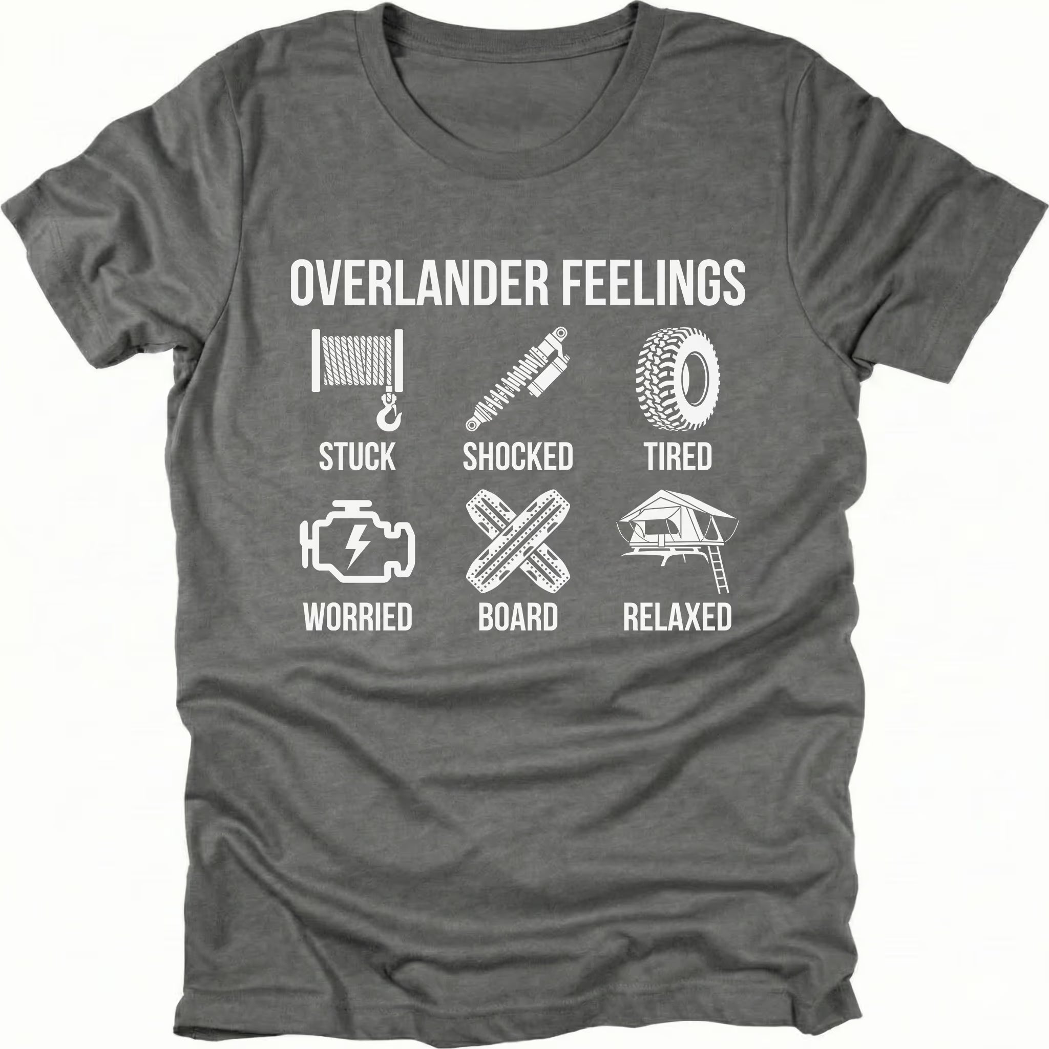 Grey T-Shirt with “Overlander Feelings” icons showing stuck, shocked, tired, worried, board, and relaxed on front view by Trail Snark.