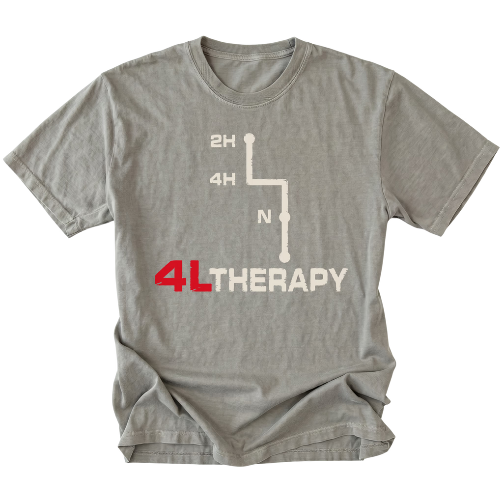 Grey t-shirt featuring the 4L Therapy design on the front by Trail Snark.