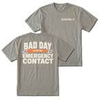 Grey t-shirt featuring the Emergency Contact design on the back and Sending It on the front by Trail Snark.