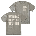 Grey T-shirt with World's Okayest Spotter back design and driver passenger gas brake my bad front chest print by Trail Snark.