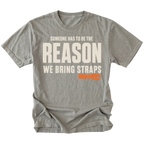 Grey T-shirt featuring the Bring Straps recovery design on the front by Trail Snark.