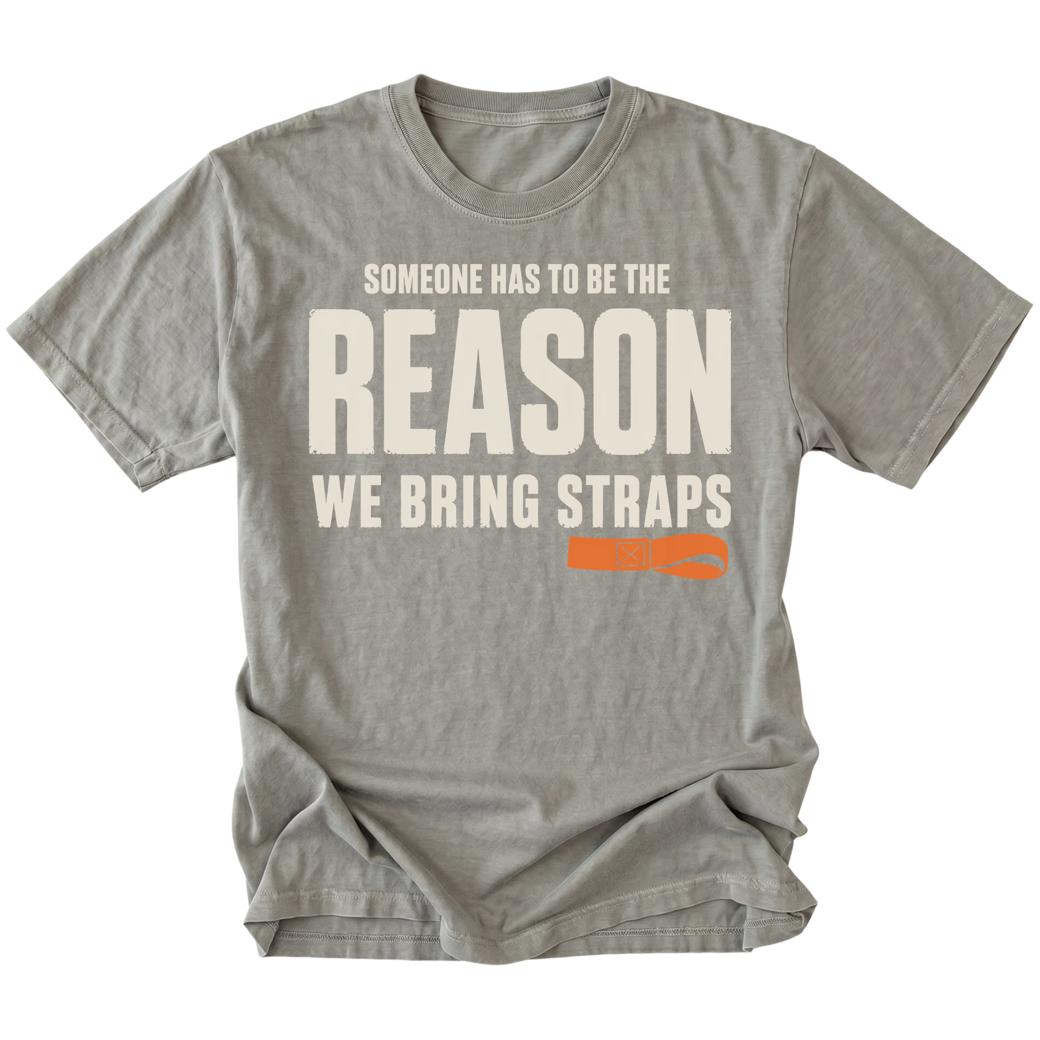 Grey T-shirt featuring the Bring Straps recovery design on the front by Trail Snark.