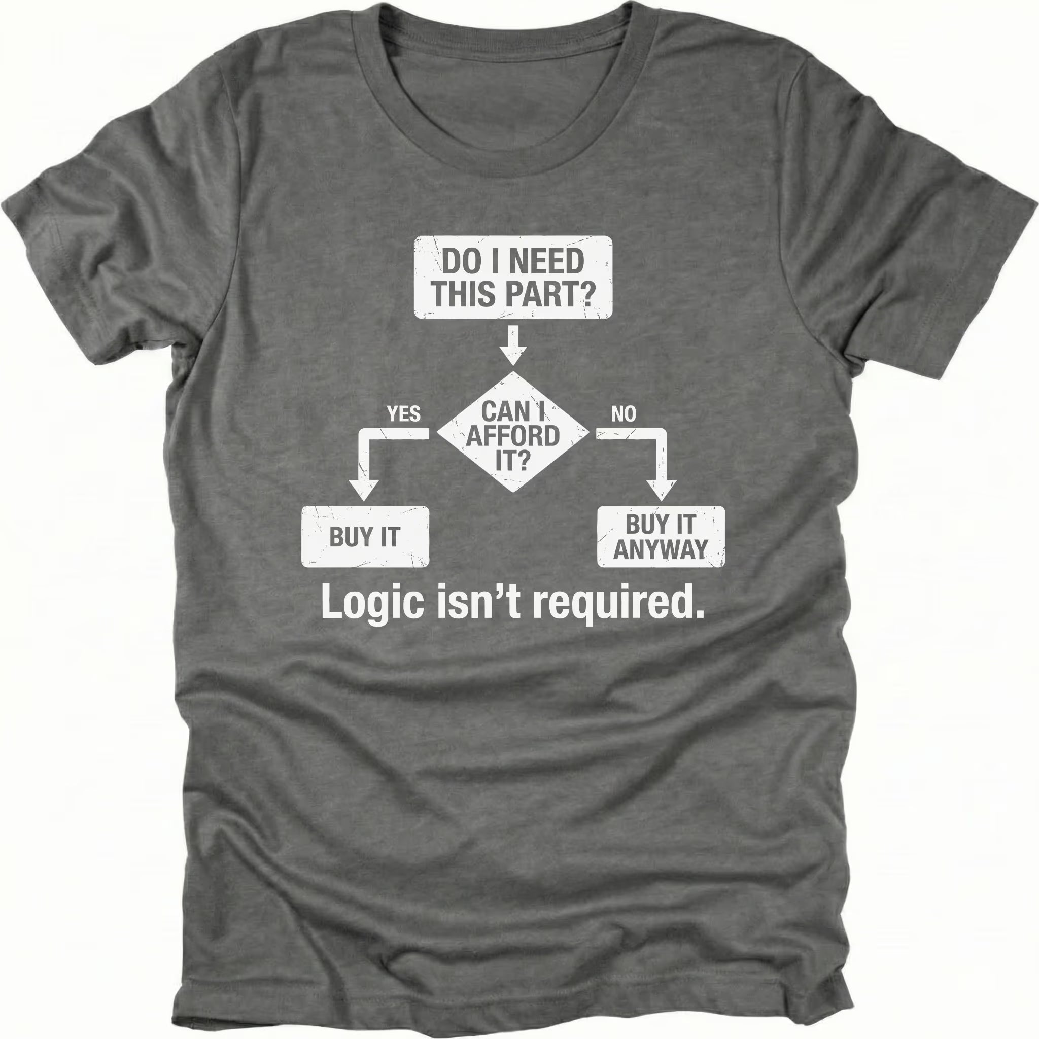 Grey t-shirt featuring do i need this part logic isnt required flowchart graphic shown from the front by Trail Snark.