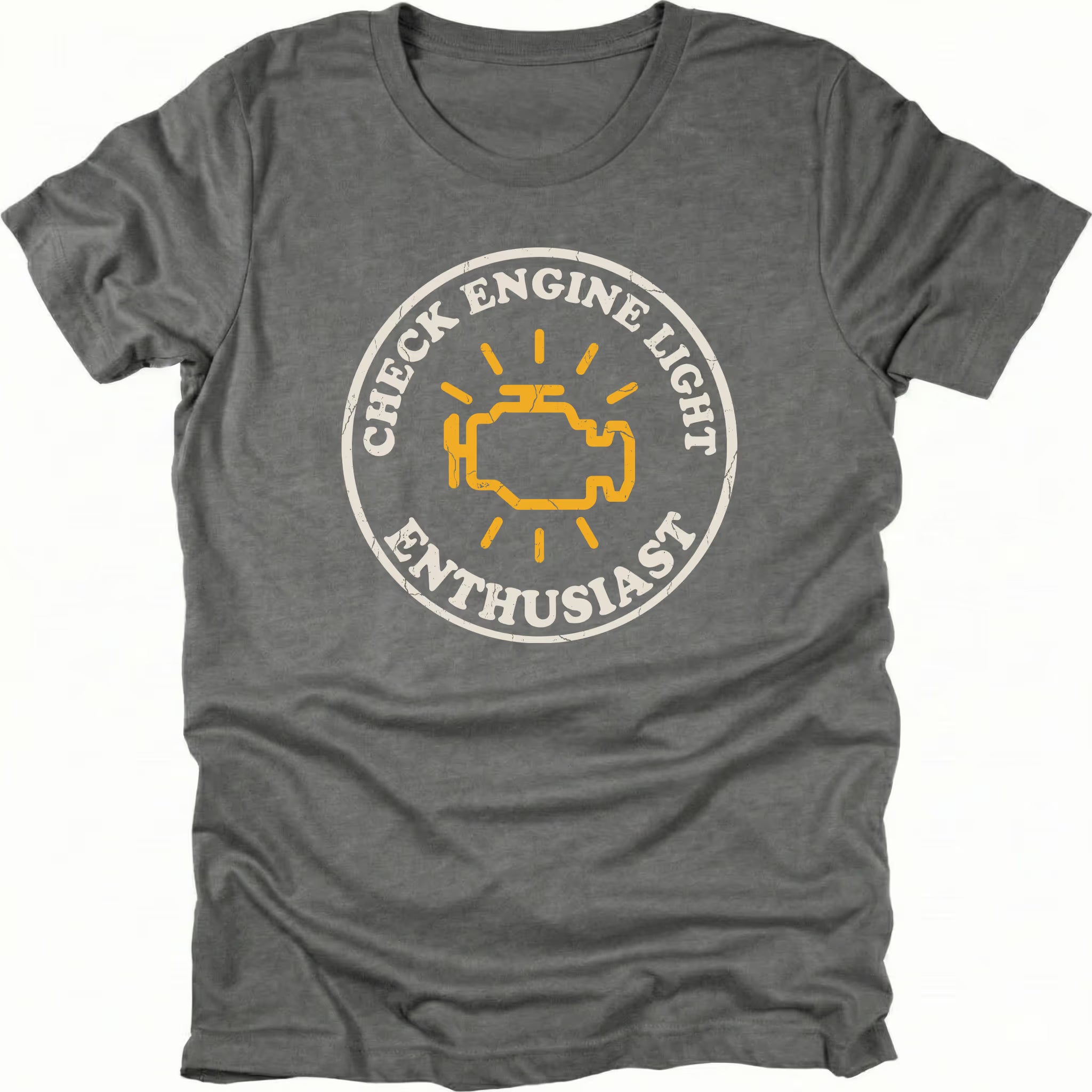 Grey t-shirt featuring check engine light enthusiast circular engine warning graphic shown from the front by Trail Snark.