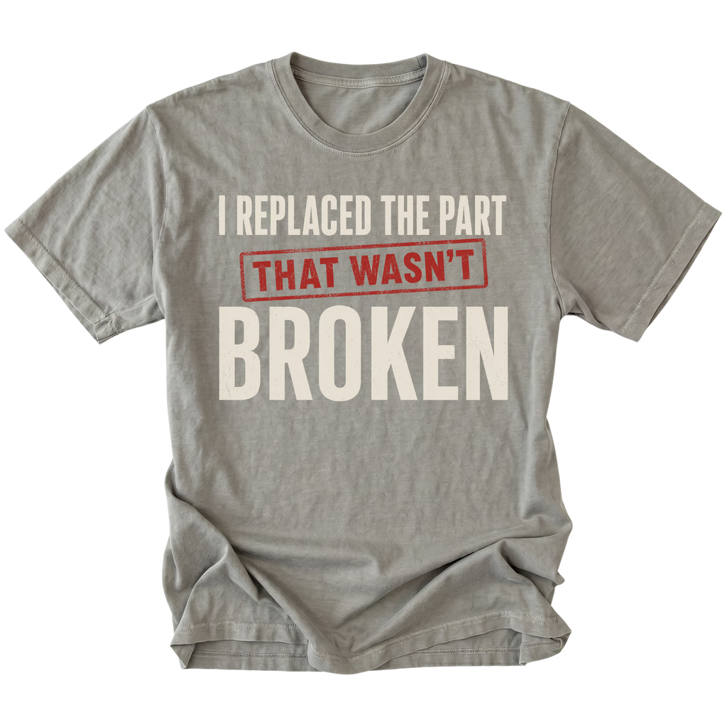 Grey t-shirt featuring the Wrong Part design on the front by Trail Snark.
