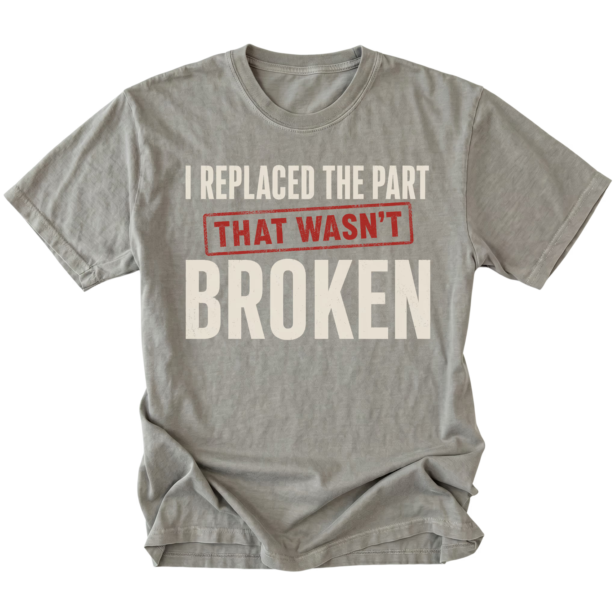 Grey t-shirt featuring the Wrong Part design on the front by Trail Snark.