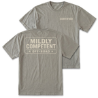 Two gray t-shirts shown on a white background, displaying the front and back designs. The front shirt features the word 'CERTIFIED' printed in beige on the left chest, while the back shirt features a large rectangular graphic with the text 'MILDLY COMPETENT OFF-ROAD' in beige.