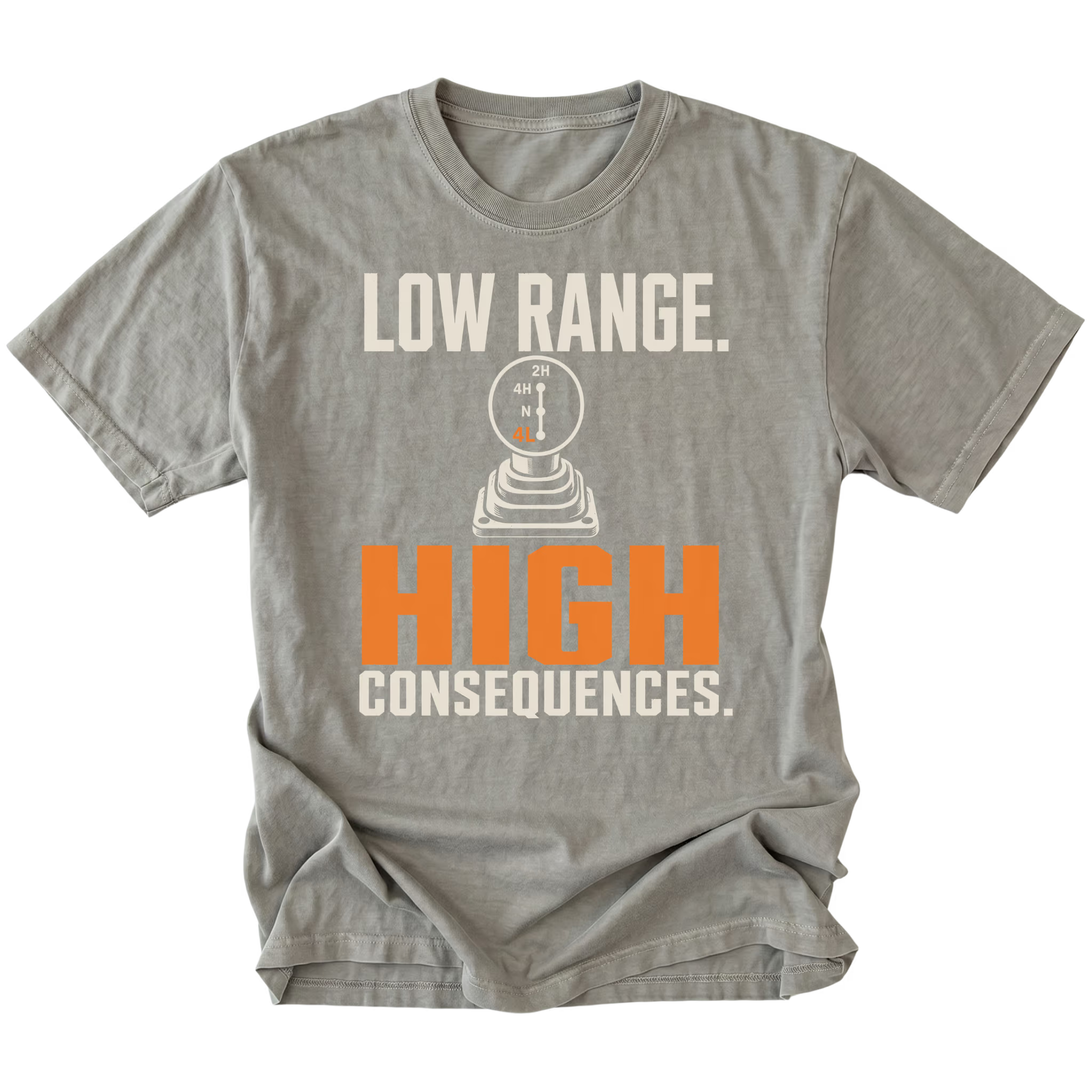 Grey T-shirt featuring the Low Range High Consequences design with a transfer case shifter on the front by Trail Snark.