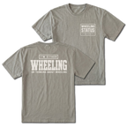 Grey T-shirt with I'm Either Wheeling Or Thinking About Wheeling back design and Wheeling Status front chest print by Trail Snark.