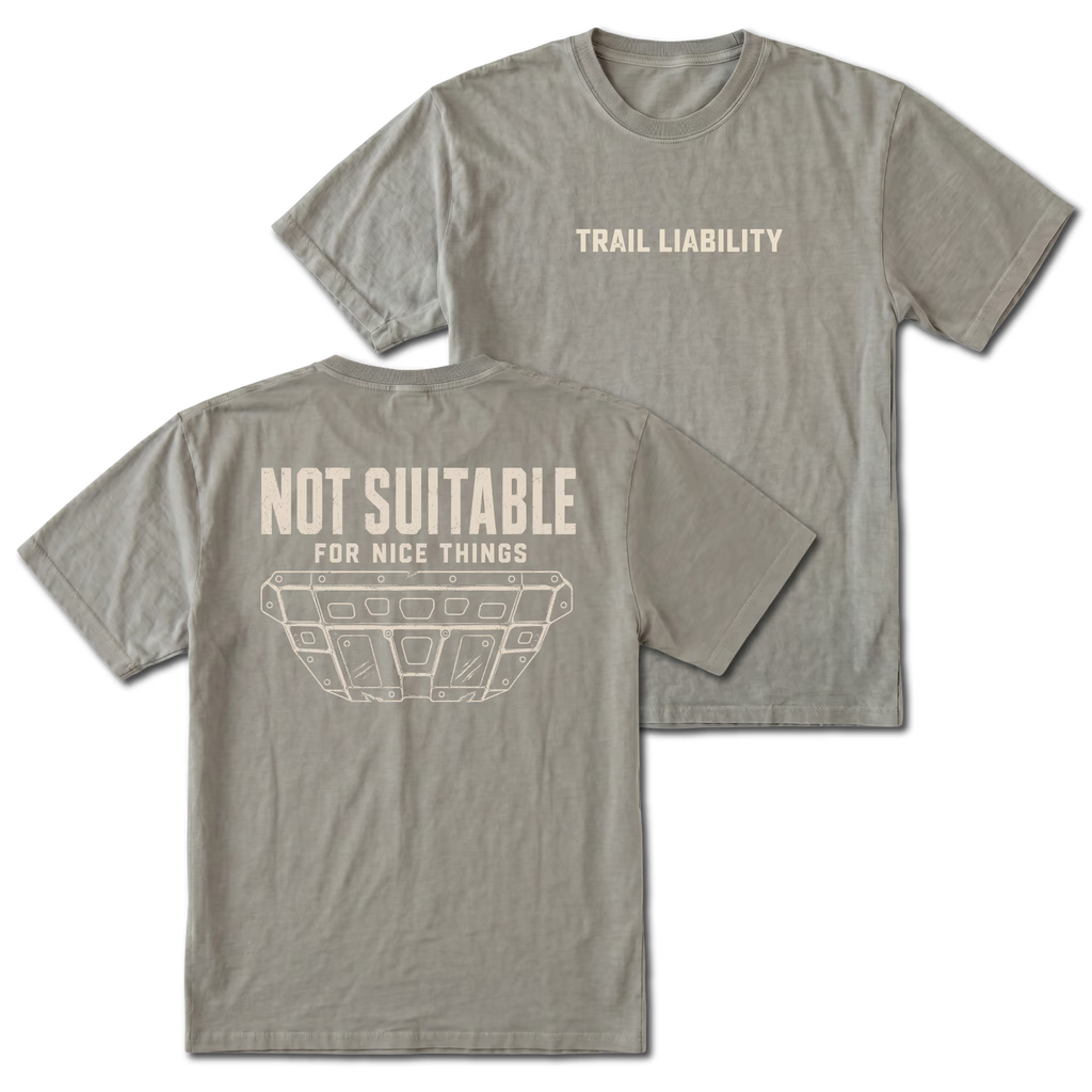 Grey T-shirt with a Not Suitable For Nice Things skid plate design shown from the back view by Trail Snark.