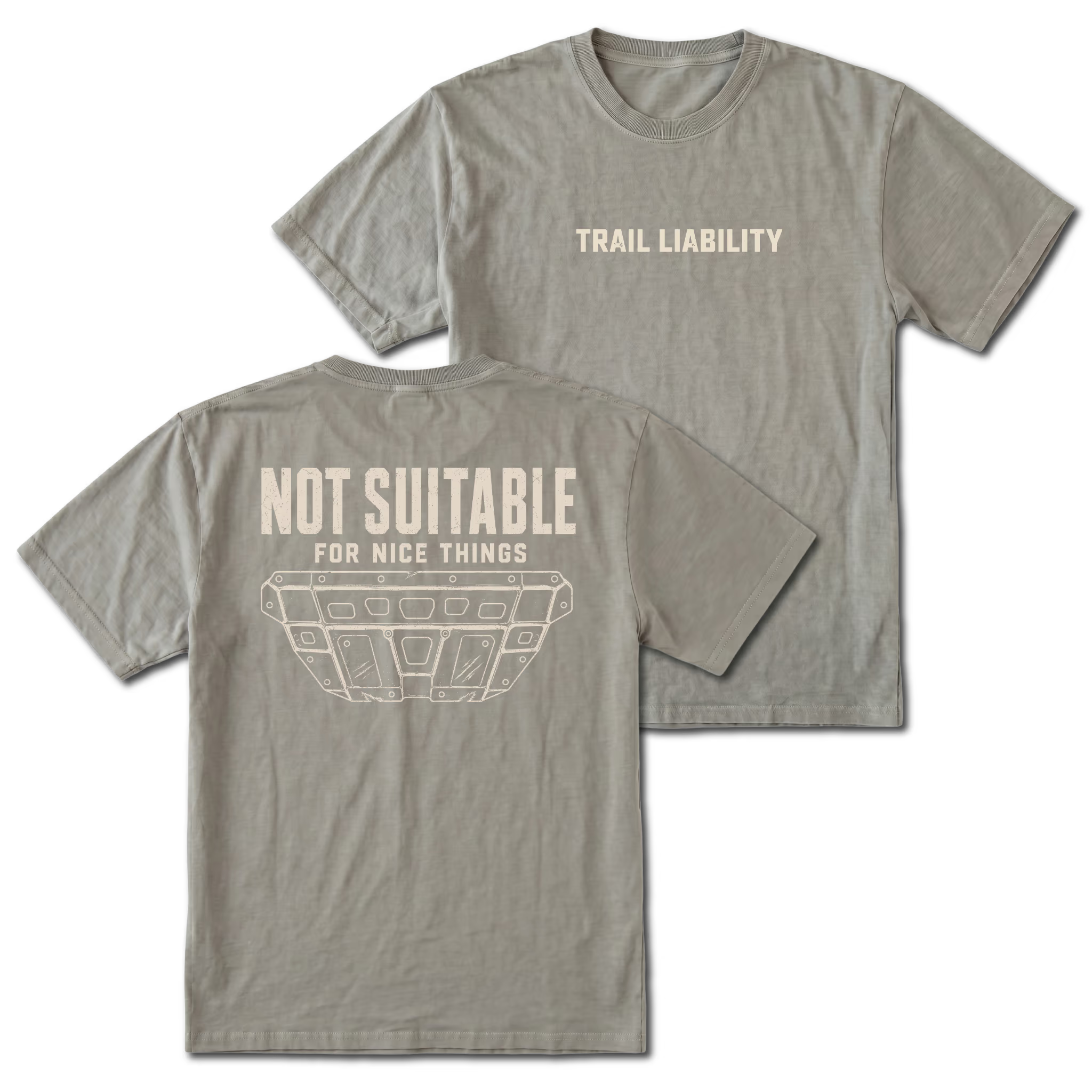 Grey T-shirt with a Not Suitable For Nice Things skid plate design shown from the back view by Trail Snark.