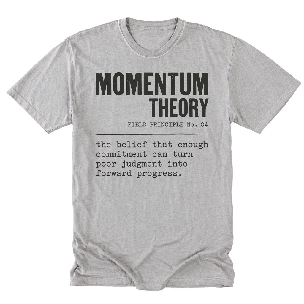 A light steel gray crewneck t-shirt featuring a black typewriter-style graphic print on the front that reads 'MOMENTUM THEORY' with a definition quote below it.