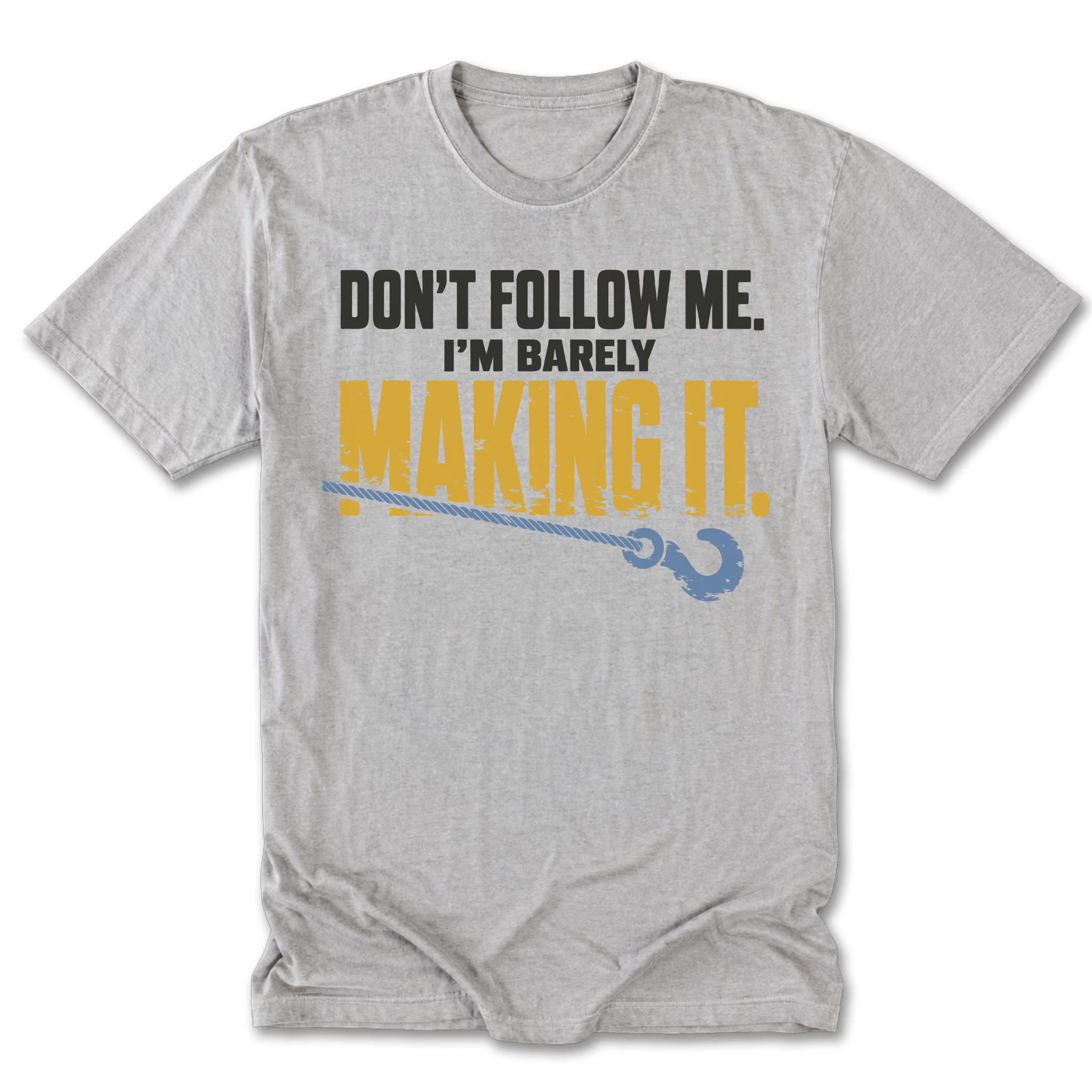 Light Steel tall tee featuring the Barely Making It recovery design on the front by Trail Snark.