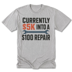 Light Steel Tall Tee featuring the five-thousand-dollar repair design on the front by Trail Snark.