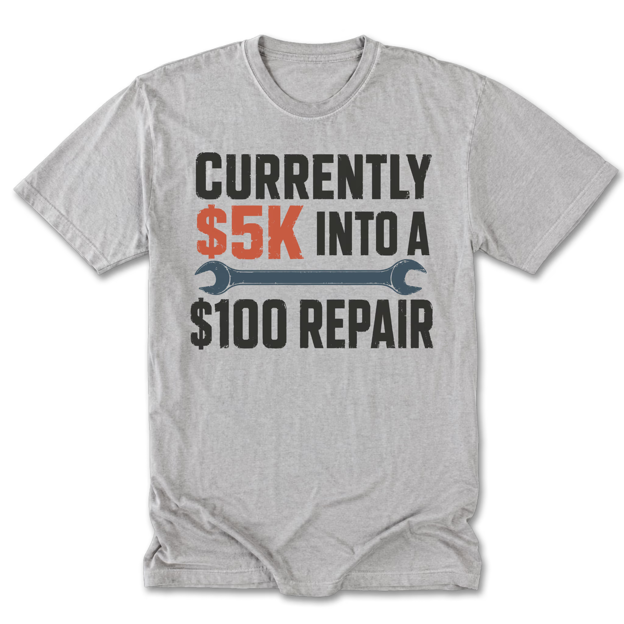 Light Steel Tall Tee featuring the five-thousand-dollar repair design on the front by Trail Snark.
