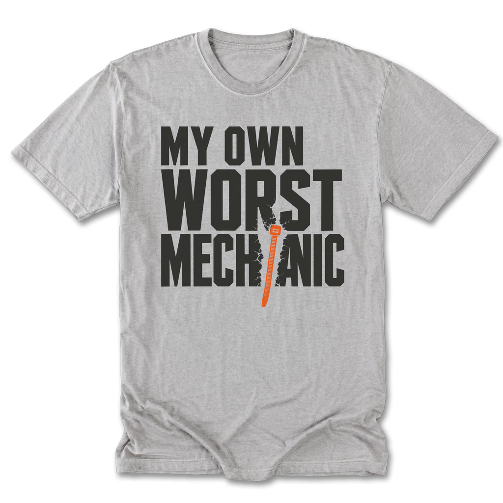 Light Steel Tall Tee featuring the My Own Worst Mechanic design on the front by Trail Snark.