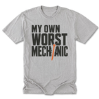 Light Steel Tall Tee featuring the My Own Worst Mechanic design on the front by Trail Snark.