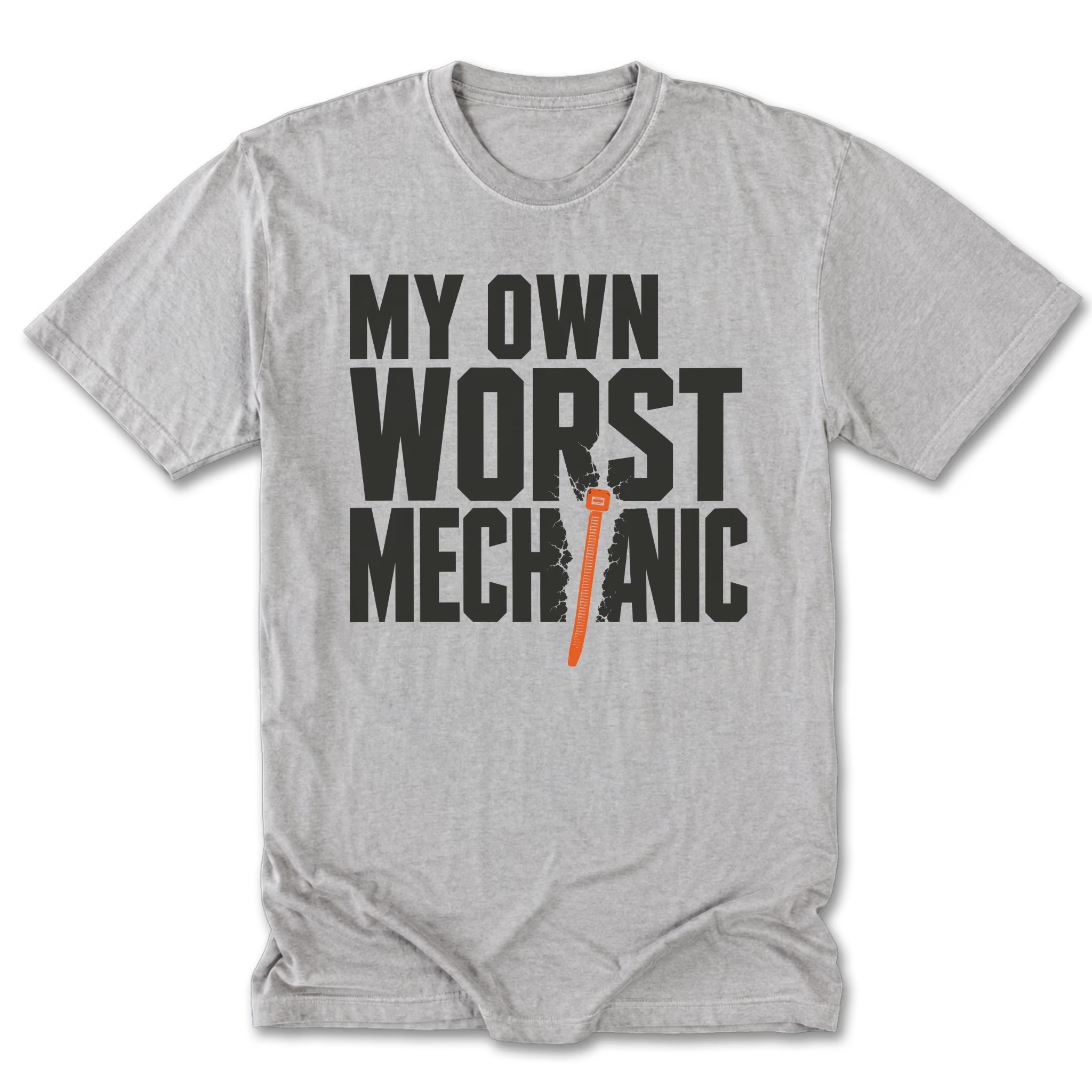 Light Steel Tall Tee featuring the My Own Worst Mechanic design on the front by Trail Snark.