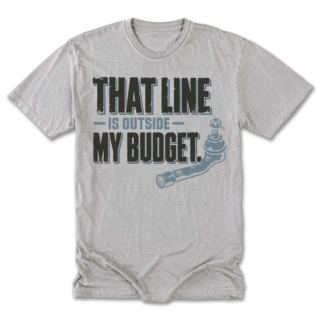 Light Steel tall tee featuring the Outside Budget trail line design on the front by Trail Snark.