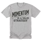 A light steel gray short-sleeve t-shirt with a dark gray graphic print on the front that reads 'MOMENTUM IS A VALID STRATEGY' with a small line graphic above the words, shown on a plain white background.