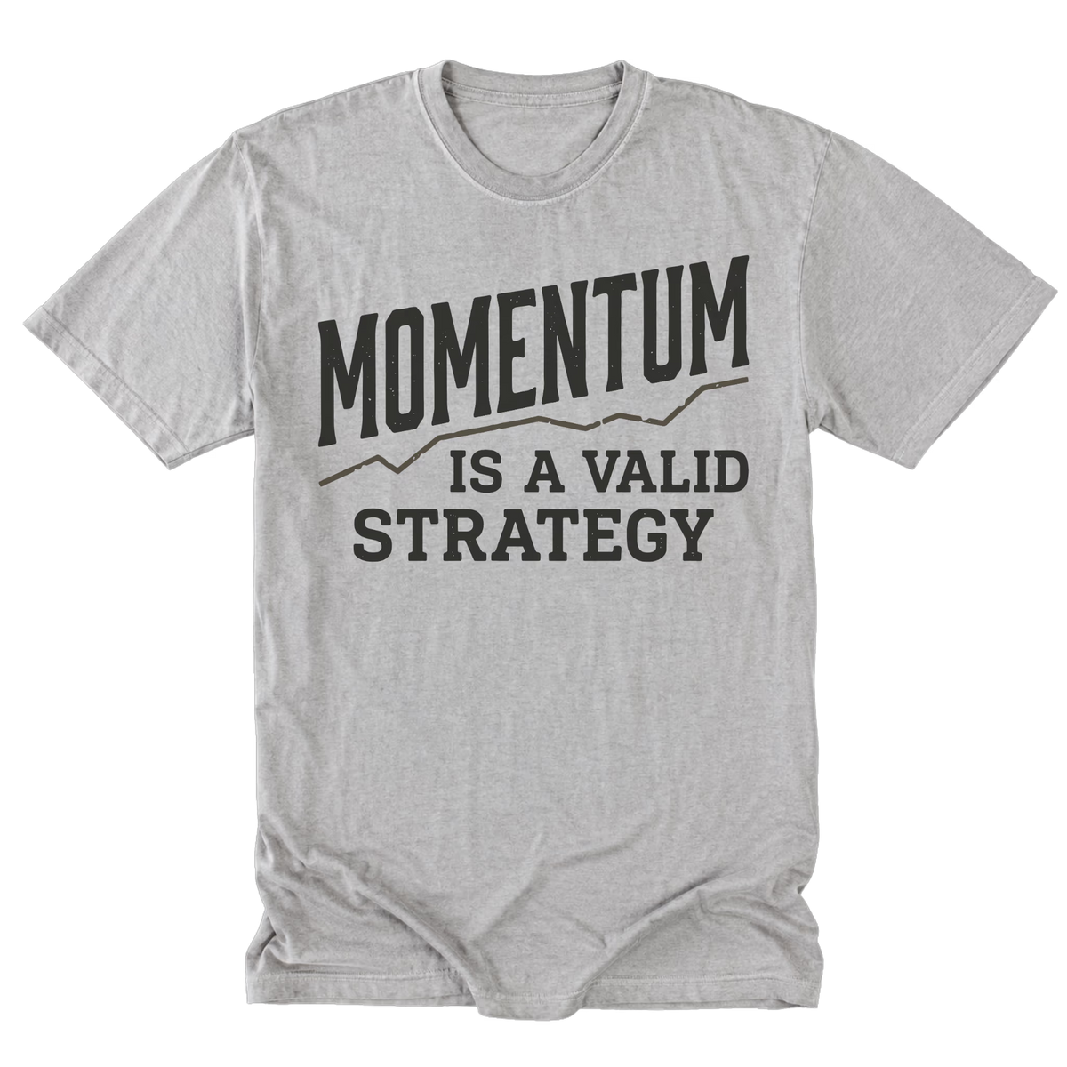 A light steel gray short-sleeve t-shirt with a dark gray graphic print on the front that reads 'MOMENTUM IS A VALID STRATEGY' with a small line graphic above the words, shown on a plain white background.