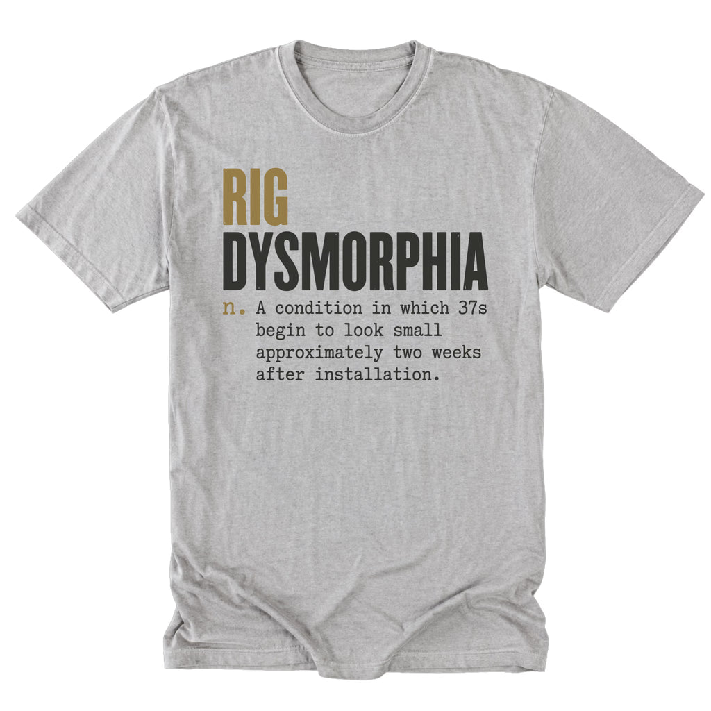 A light steel gray short-sleeve t-shirt with a humorous graphic print on the front reading 'RIG DYSMORPHIA' followed by a definition, displayed on a clean white background.