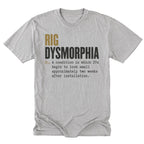 A light steel gray short-sleeve t-shirt with a humorous graphic print on the front reading 'RIG DYSMORPHIA' followed by a definition, displayed on a clean white background.