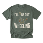 A military green crewneck t-shirt with a graphic print of three small robots and the text 'I'LL BE OUT WHEELING' in white, displayed on a clean white background.