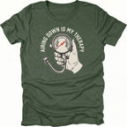 Moss t-shirt featuring an airing down is my therapy tire pressure gauge graphic shown from the front by Trail Snark.